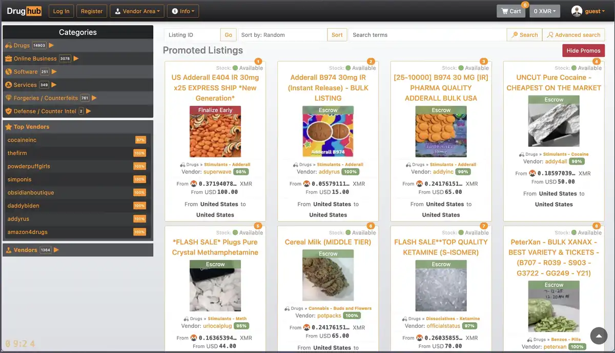 DrugHub Market interface showing JavaScript-disabled session page with unique per-visitor onion link generation